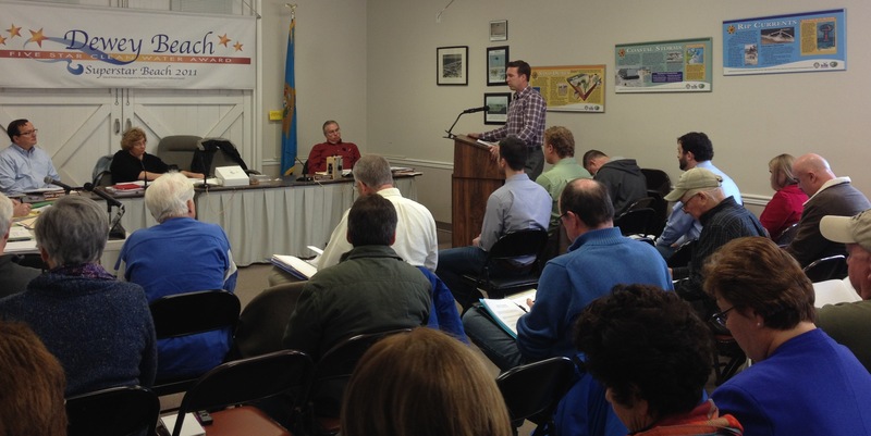 The Dewey Beach Town Council approved the conditional-use permit for the Dewey Beer and Food Company Saturday, March 9. The permit allows for the creation of a brewpub at 2100 Coastal Highway. Clinton Bunting, standing right, one of three business owners, makes a case for approval during a public hearing at the Dewey Beach Life Saving Station. BY CHRIS FLOOD